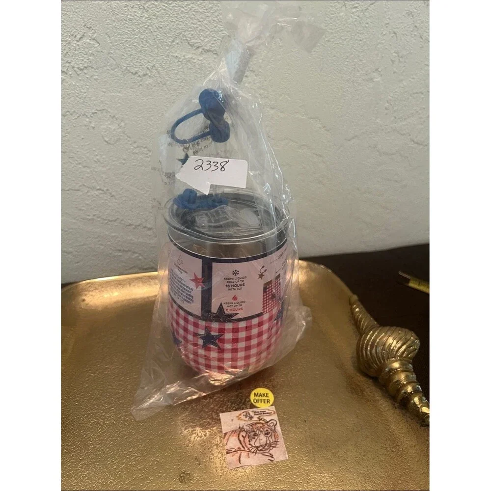 #2238*”4x6”Manna Wine Tumbler W/ Straw Topper - Blue & Red Gingham Stars